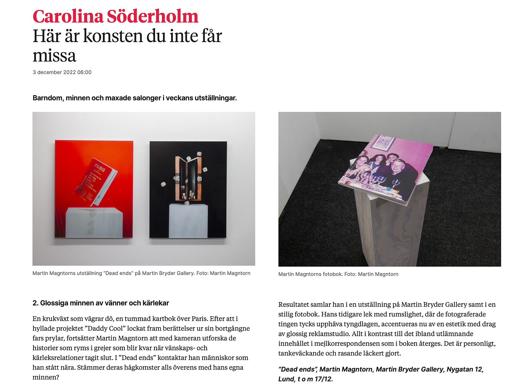 Fotograf Martin Magntorn - Review, solo exhibition Dead Ends, Martin Bryder Gallery, 2022