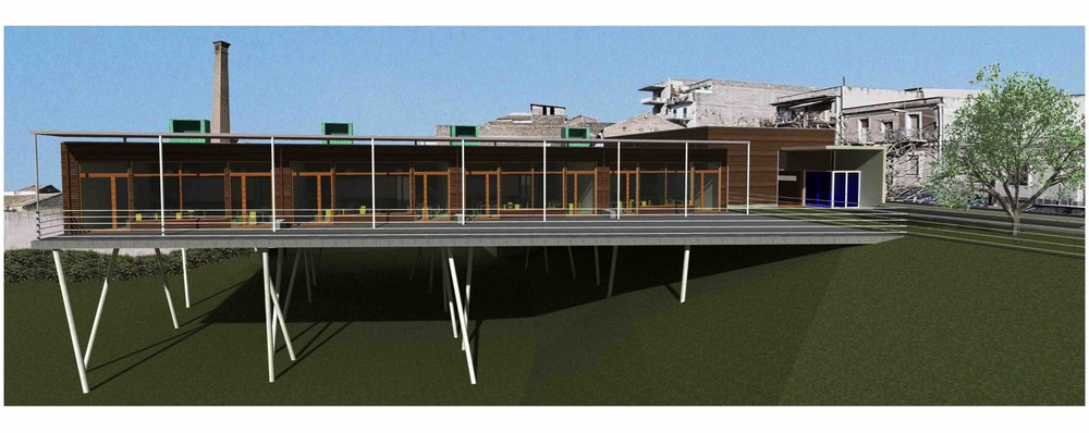 allenarchitettura - PARTI L’edificio si stacca sul declivio che scende verso sud ovest come una palafitta. I suoi diversi corpi si appoggiano delicatamente a terra con sottili pilastri rispettosi del suolo che verrà rinaturalizzato. L’orditura del progetto è semplice, gli spazi sono domestici e misurati, le parti chiaramente identificabili: Il corpo a cortina su via Belfiore è chiuso verso la strada ma aperto verso la corte interna. Il suo fronte esterno è rivestito da una pelle ventilata di sottili doghe di cotto siciliano leggermente distanziate. Questo spazio è polifunzionale: di primo mattino ospita l’ingresso e l’accoglienza dei bambini, durante la giornata le attività collettive della scuola materna, nel pomeriggio e la sera le attività formative e culturali per la cittadinanza. Una scala e un ascensore lo collegano al piccolo auditorium accessibile anche dal parcheggio al piano inferiore. Il corpo delle aule è aperto a sud, luminoso e trasparente per favorire il migliore
