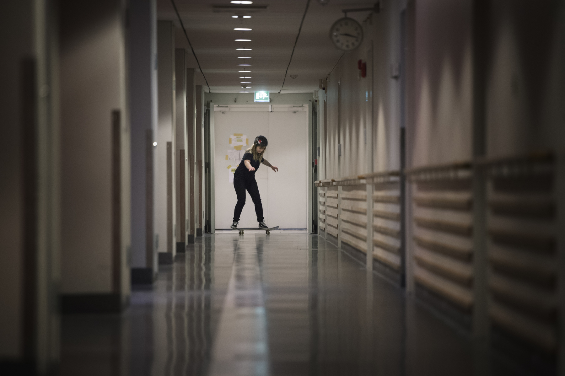 Photographer Anna Tärnhuvud - After the accident Malin had to put a lot of work into improving her sense of balance. Knowing her skateboarding background, her physioterapist saw an opportunity for Malin to practice in the hallways of Danderyds hospital.