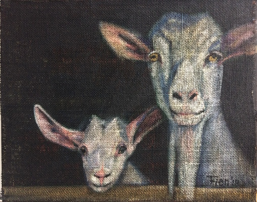 Galerie op 11 - Geit moeder en kind Acryl op grof doek 40/50