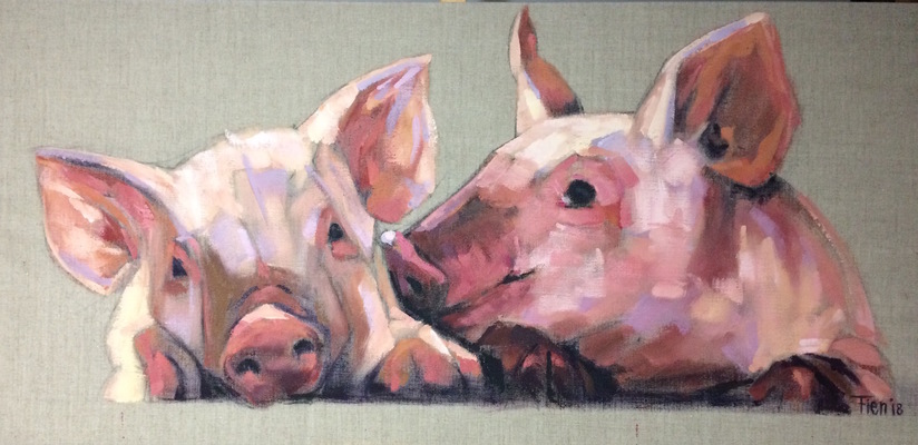 Galerie op 11 - Varkens koppen acryl op linnen 65/135