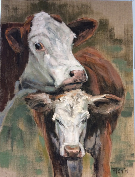 Galerie op 11 - Rood bonte koe Acryl op linnen