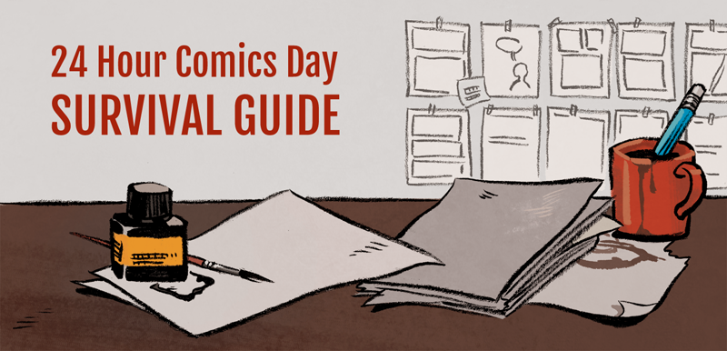 Emmi Nääppä - Kuvitus blogikirjoitukseeni 24 Hour Comics Day survival guide, jonka voi lukea tästä osoitteesta Muste, sivellin, Photoshop, Gravit Designer