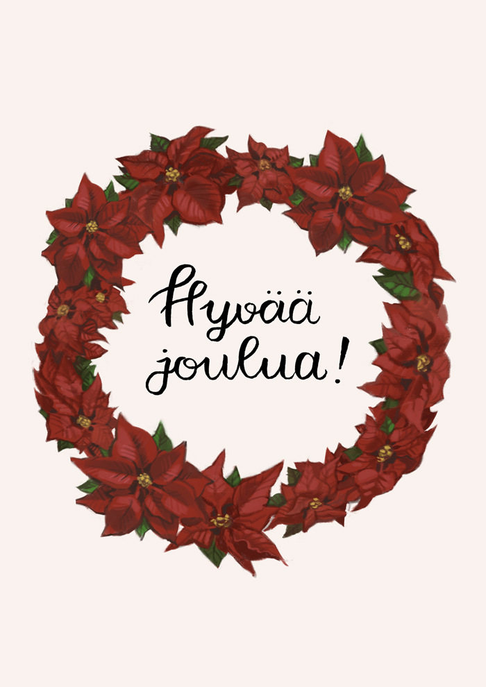 Emmi Nääppä - Kuvitus joulukortteihin, joita myyn taidekujilla. Procreate maalaamiseen, sivellinkynä kalligrafiaan, Photoshop muokkaamiseen