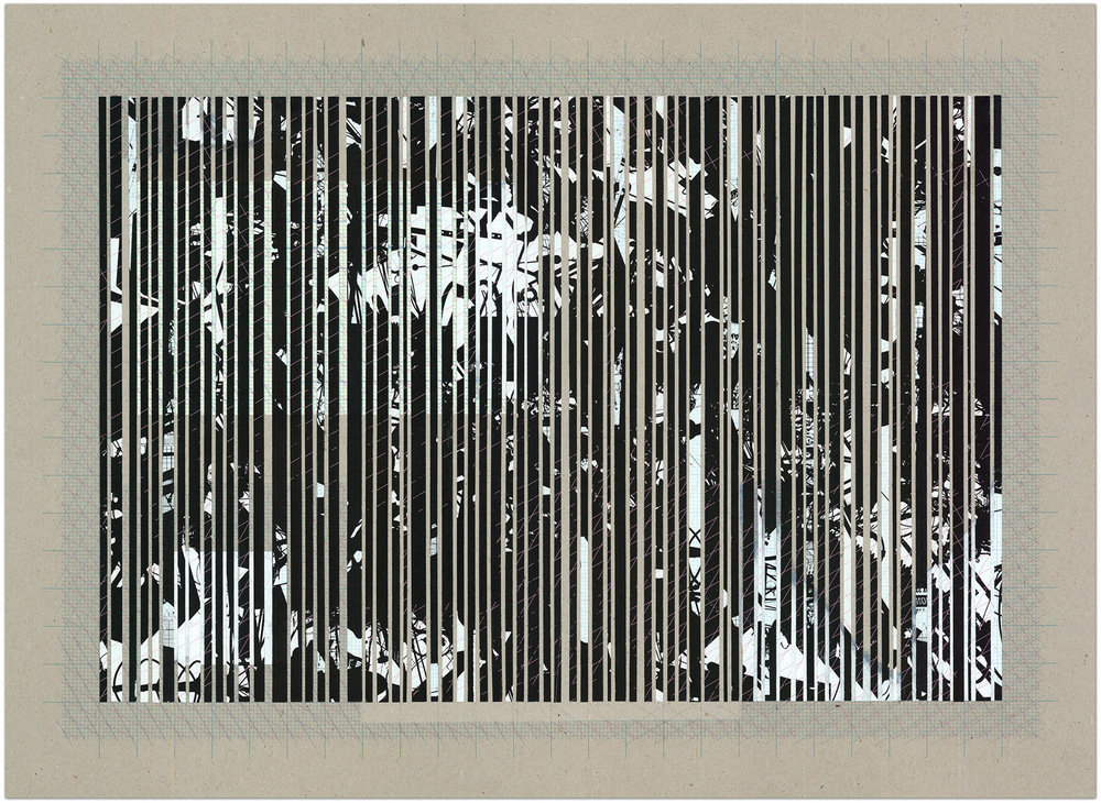 Tom Tebby Visual Artist - Moving Objects Cutting Through Space No.4 60x40cm. Printed and cut paper on recycled greyboard
