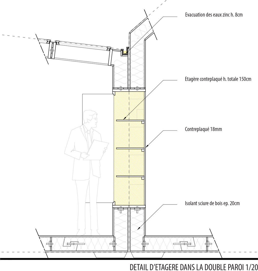 CLEMENT LANGELIN ARCHITECTURE - DETAIL ETAGERE DANS LA DOUBLE PAROI