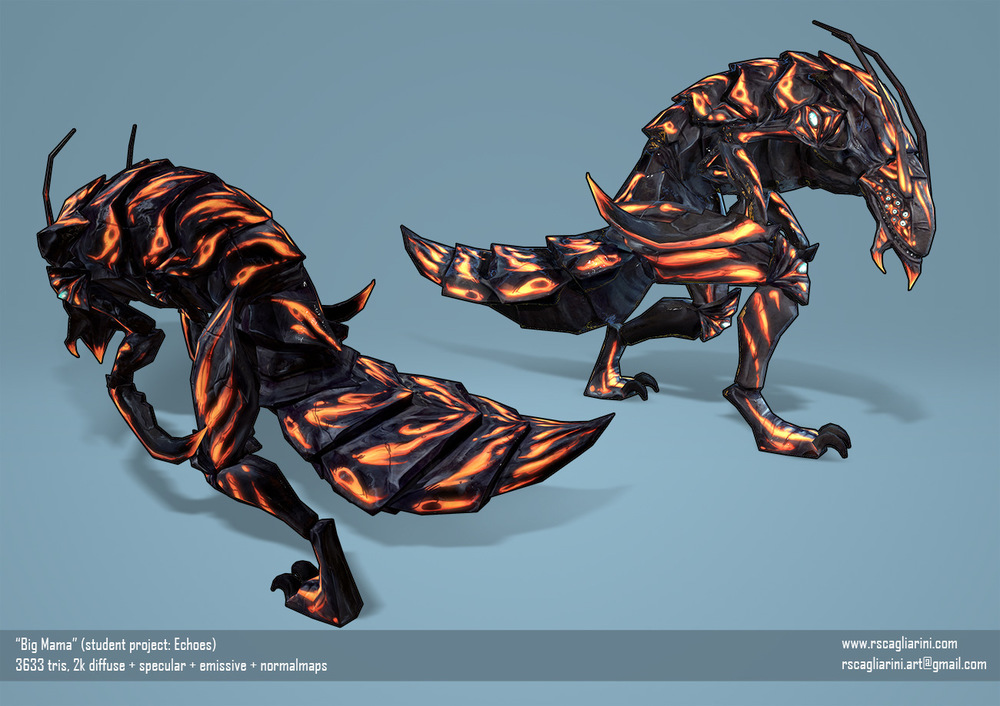 Romina Scagliarini - Echoes was a project during my studies in 2014 It was my part to create the Creature Design, make moodpaintings, model the bossmonster BigMama and several plants in 3D and paint textures for assets. facebook page