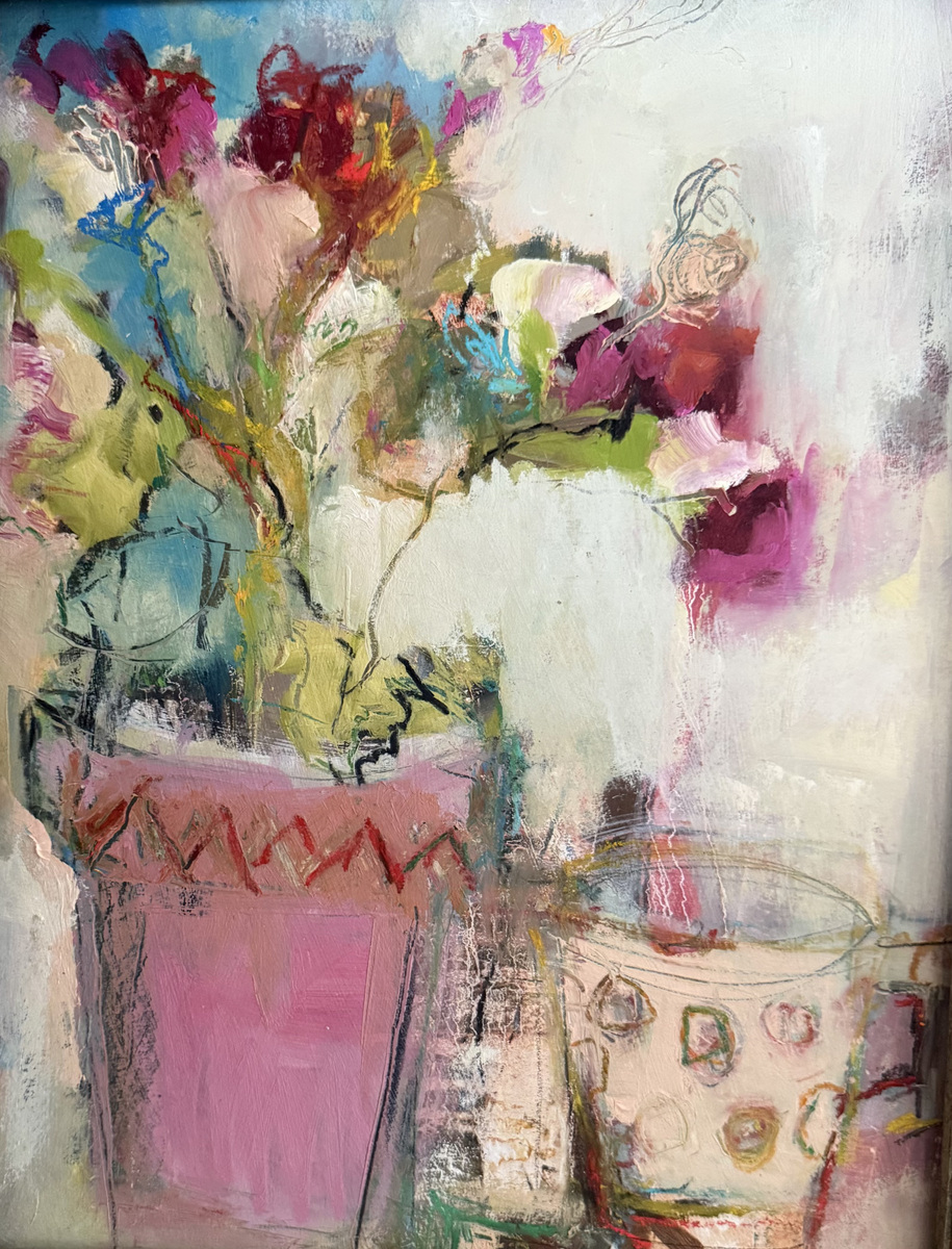 jo vollers artist - Pink pot and white cup 51 x 38 cms Oil on board