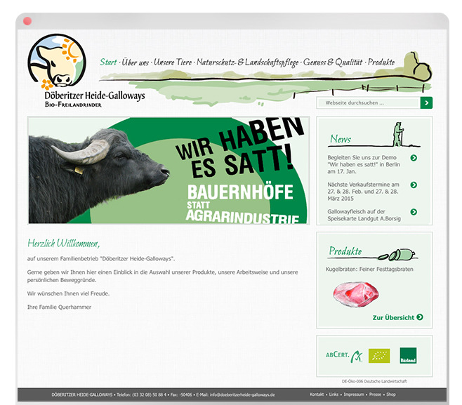 Lorem Ypsum - Döberitzer Heide Galloways Über: Ökologischer Betrieb mit Schottischen Bio-Freilandrindern Galloways in Brandenburg. Illustrationen: Header, Seiten; Fleisch und Rinder http://www.doeberitzerheide-galloways.de/ Projekt bei: Zeichen&Taten