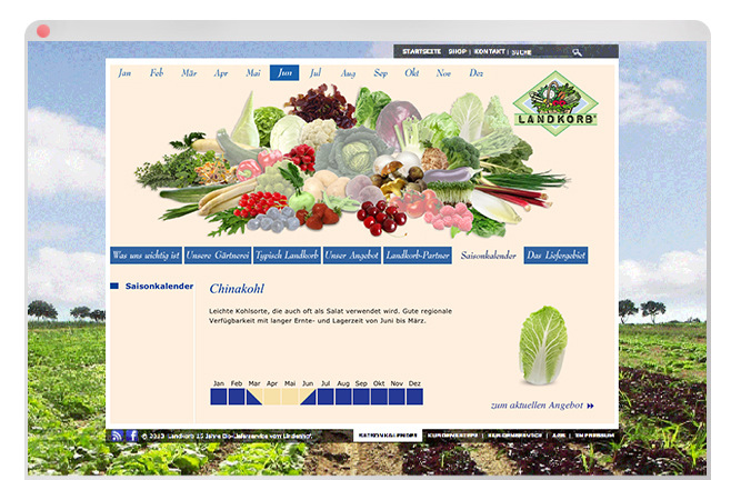 Lorem Ypsum - Landkorb Saisonkalender Über: Brandenburger Bio-Lieferservice für Öko-Kisten mit saisonalen Früchten. Der Abschnitt Saisonkalender ist interaktiv. Saisonkalender Idee | Layout | Umsetzung http://www.landkorb.de/index.php?option=com_saisonkalender&view=standard&id=&Itemid=114 Projekt: Zeichen&Taten