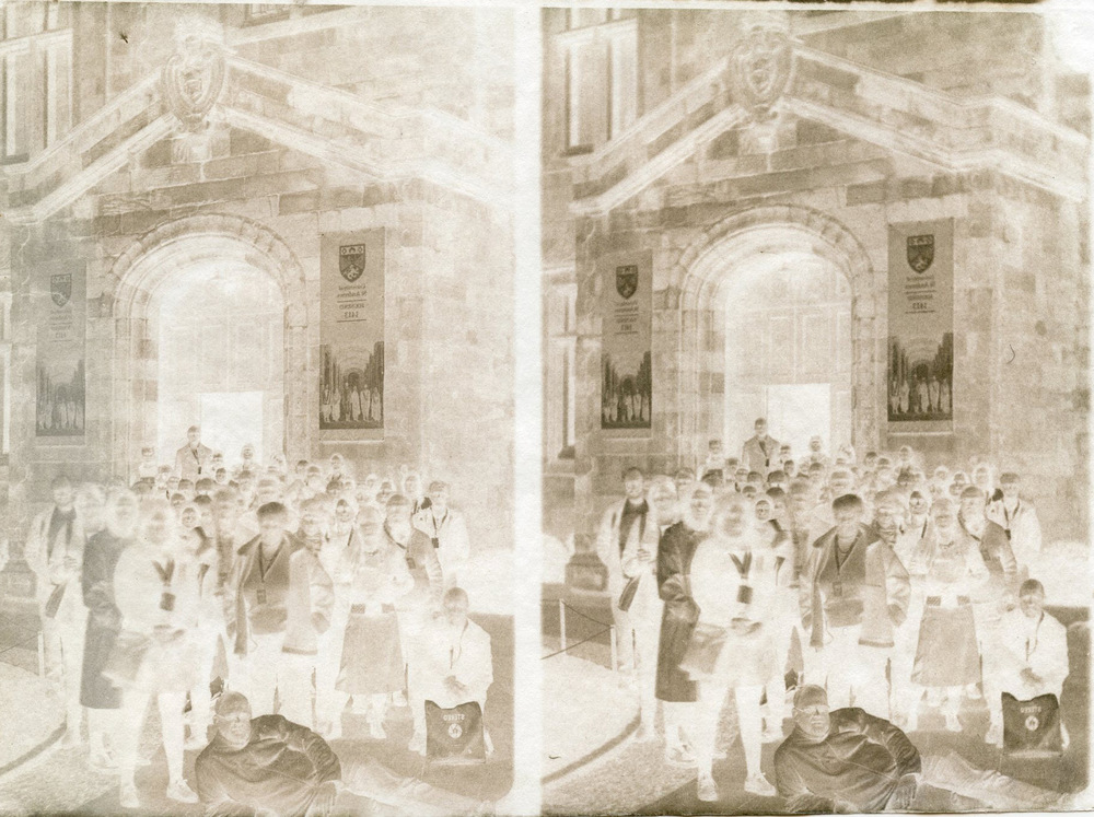 Paper , Shadows and Light. - Stereo group portrait. ADamsins process Calotype on Canson marker Cloudy conditions 3 minute exposure at F8.