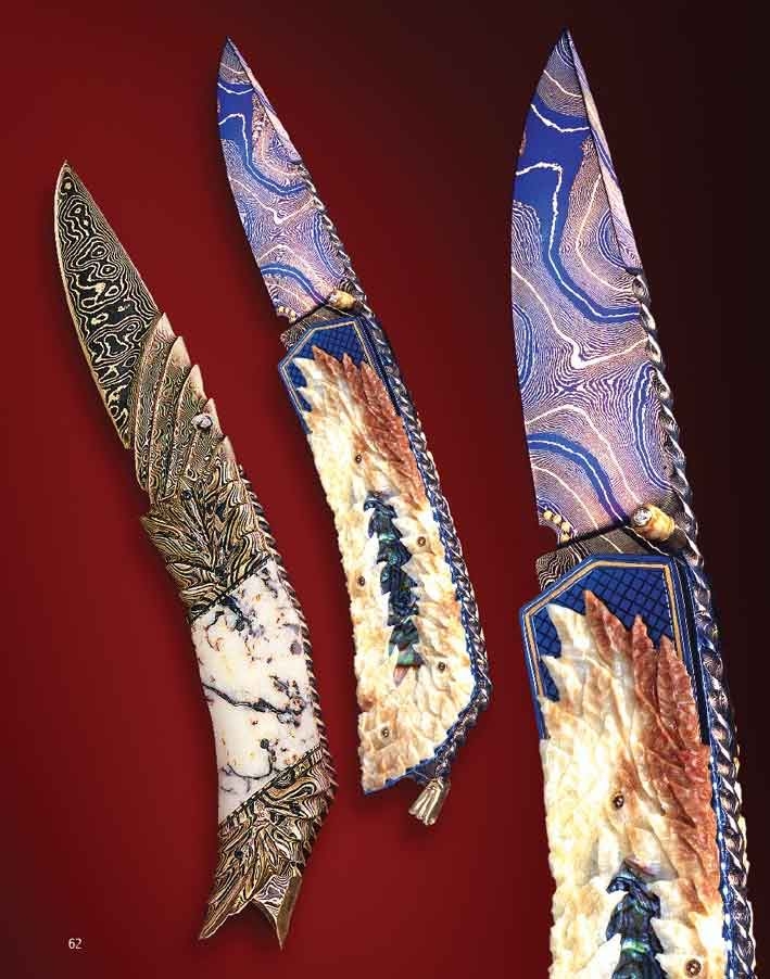 The Art of Van Barnett - Early Fall and Golden Arrow - two folding knives from the mid 1990s that changed the way a lot of people make their folding knives today. These knives had a new style of full 3-D carving in handles and blades - something you see a lot of today. Early Fall also had something that few had seen at the time which was Nitre Blueing in multi colors on the blade. This knife was made with a dagger called Living Proof. They both had the full color blades. These were seen in a lot of publications all around the world.