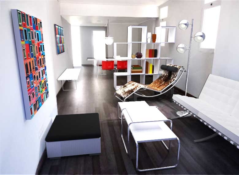 arqestudiBOMON - SALÓN / LIVING ROOM Mobiliario: Sofá Barcelona de Mies van der Rohe, Mesitas Laccio de Marcel Breuer y Banco Bertoia de Bertoia (fabricados por KNOLL), LC4 Chaise Lounge de Le Corbusier, Charlotte Perriand y Pierre Jeanneret (CASSINA), Lámpara Triple Bristol de MAISONS DU MONDE, y estantería de LAGO. Furniture: Barcelona Sofa by Mies van der Rohe, Laccio Tables by Marcel Breuer and Bertoia Bench by Bertoia (manufactured by KNOLL), LC4 Chaise Lounge by Le Corbusier, Charlotte Perriand and Pierre Jeanneret (CASSINA), Triple Bristol Lamp by MAISONS DU MONDE, and shelving by LAGO.