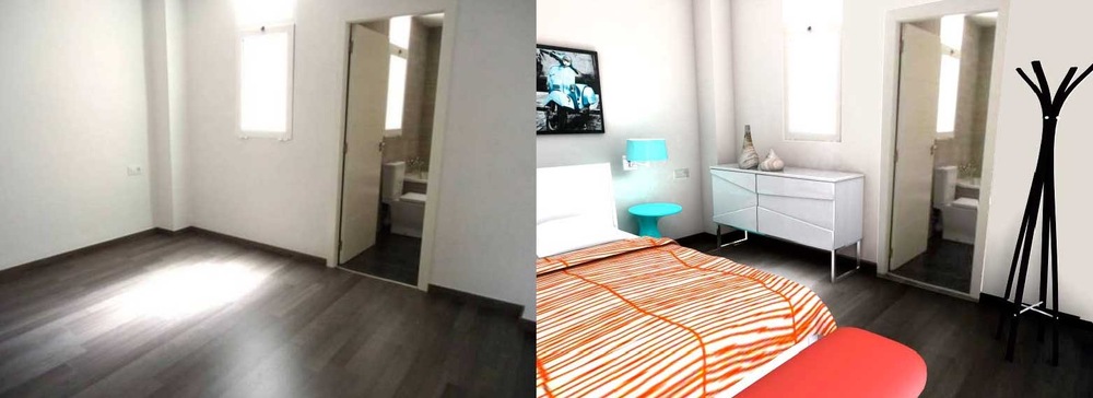 arqestudiBOMON - VISTAS DORMITORIO ANTES Y DESPUÉS / BEDROOM VIEWS BEFORE AND AFTER
