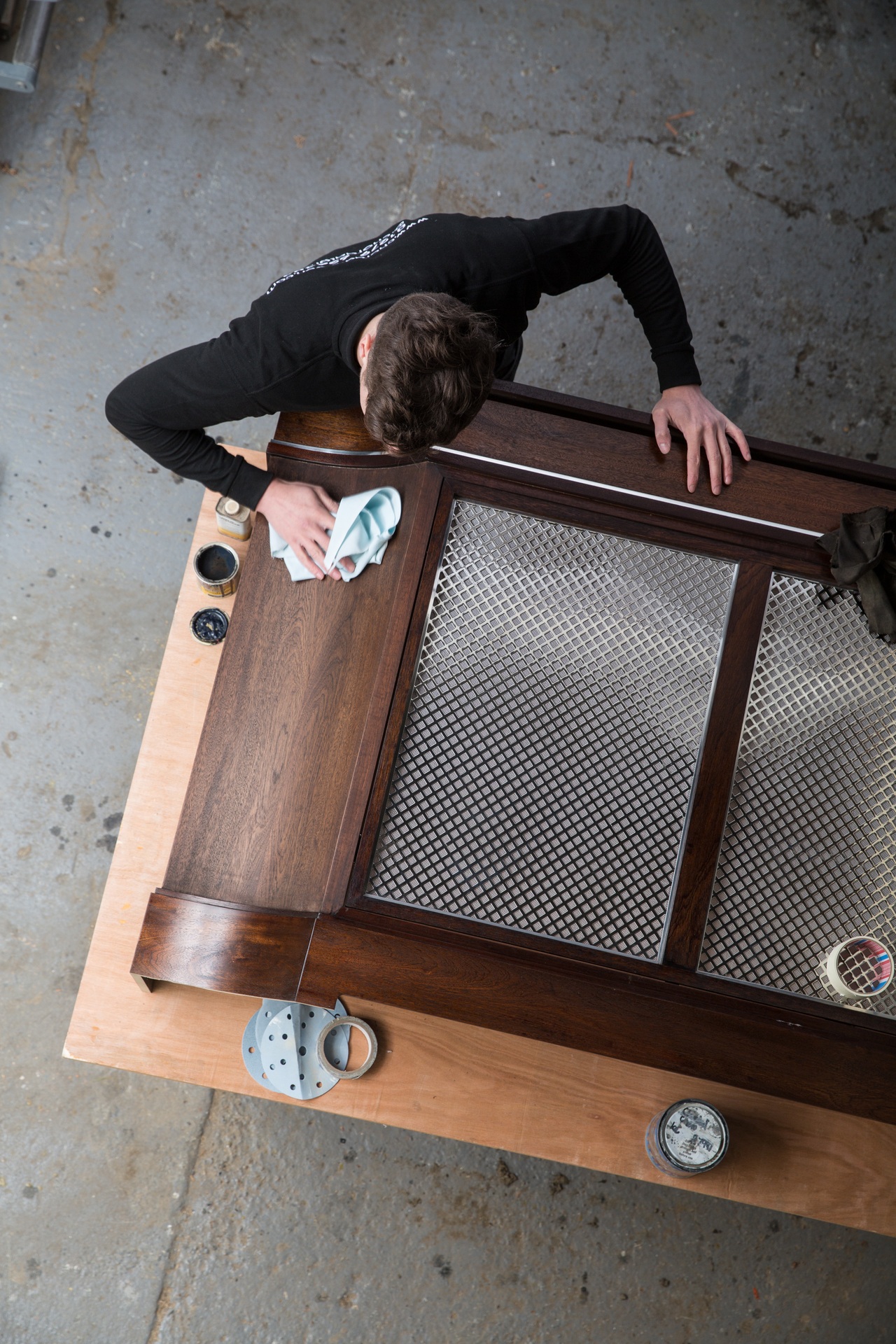 Workshop view of cabinet carcasses being assembled by hand in the Albury House Essex workshop